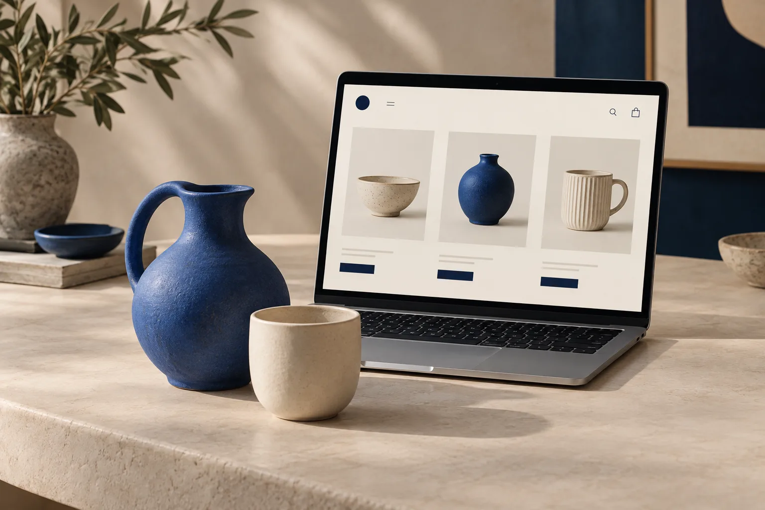 Composición conceptual de una tienda online de cerámica y sus productos.
