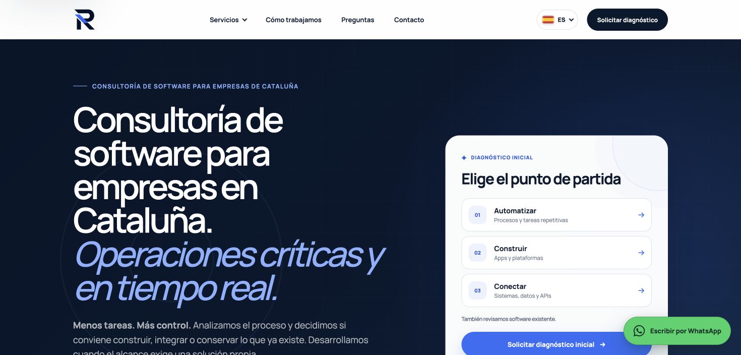 Captura real de la portada de RocoTech, con su propuesta de software y operaciones digitales